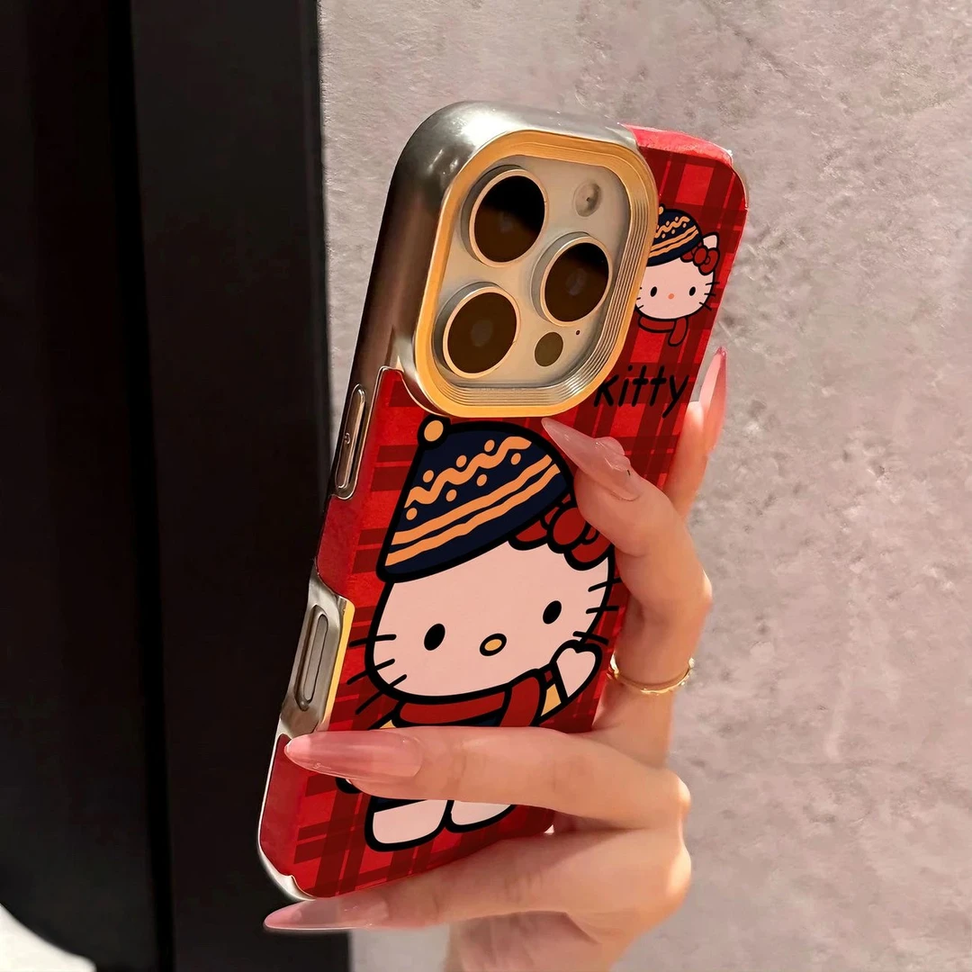 格纹招手凯蒂猫适用苹果iPhone16手机壳15绒布14电镀13/12卡通11