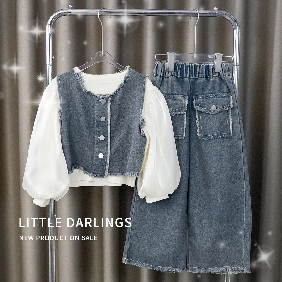 【姑姑家】女童牛仔马甲泡泡袖衬衫阔腿牛仔裤三件套 005