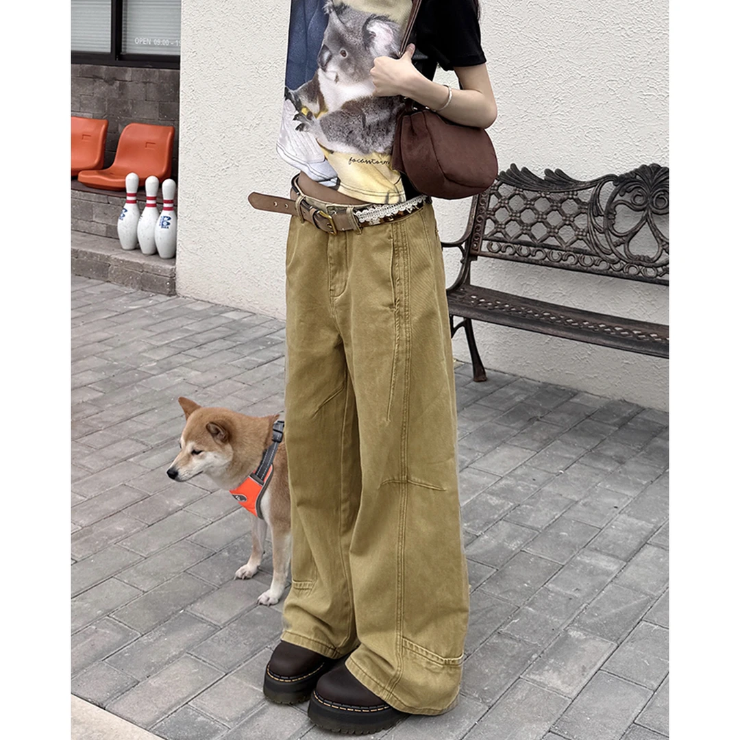 松弛感卡其色牛仔裤女秋季直筒设计感阔腿裤子美式复古休闲工装裤