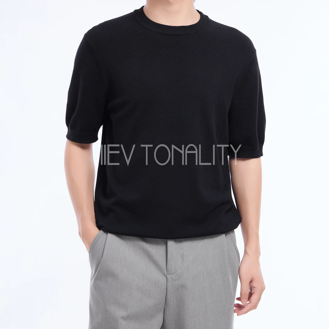 11EV “棉羊毛混纺”老钱风圆领短袖休闲百搭透气针织衫高级感T恤