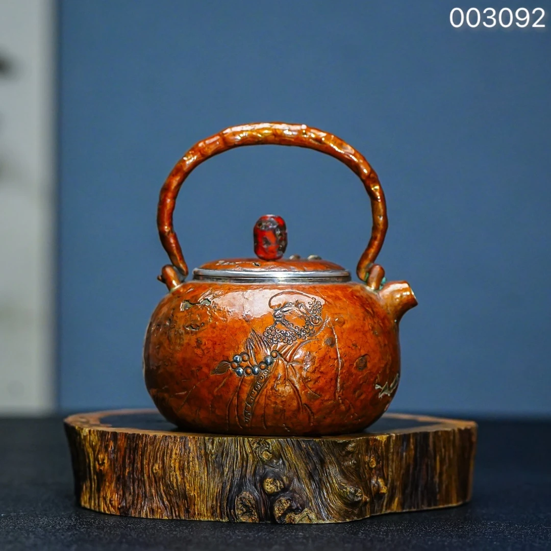 【森田手作】 胡海涛老师纯手工一张打达摩足银999铜包银提梁泡茶壶
