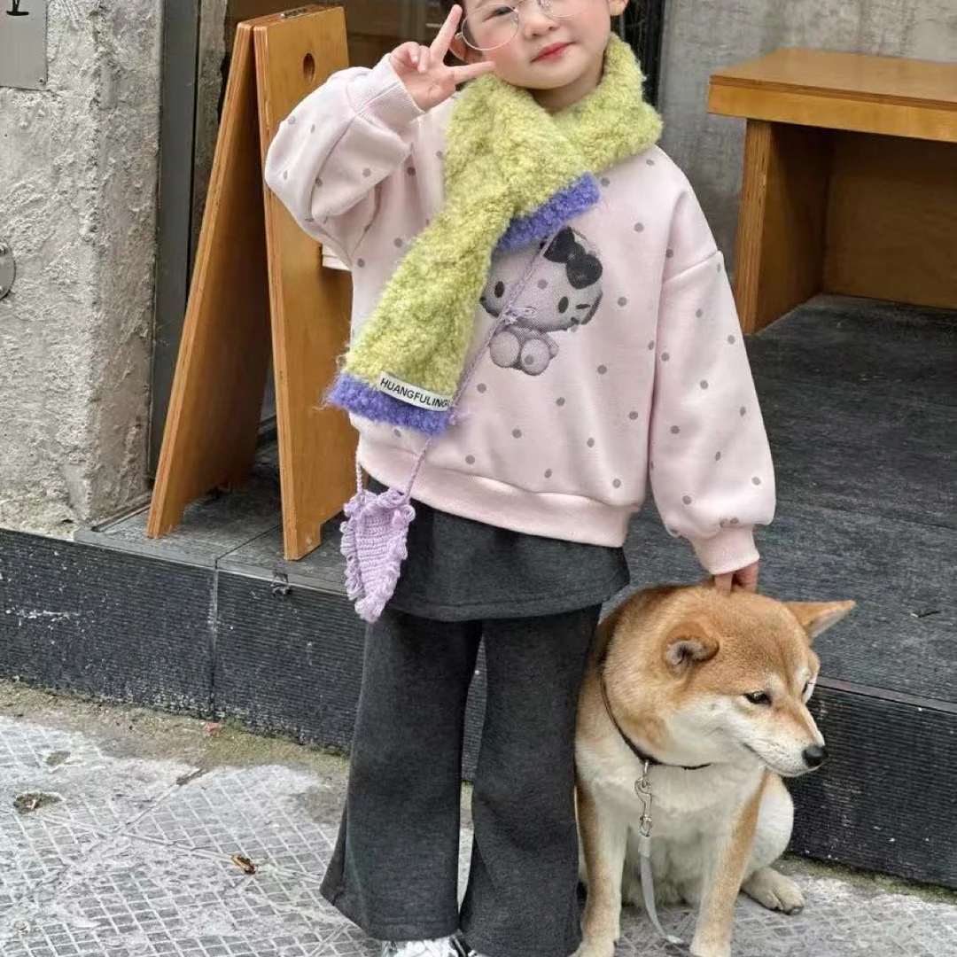 【KL】25冬季洋气KT猫卡通加绒女童卫衣屁帘喇叭裤
