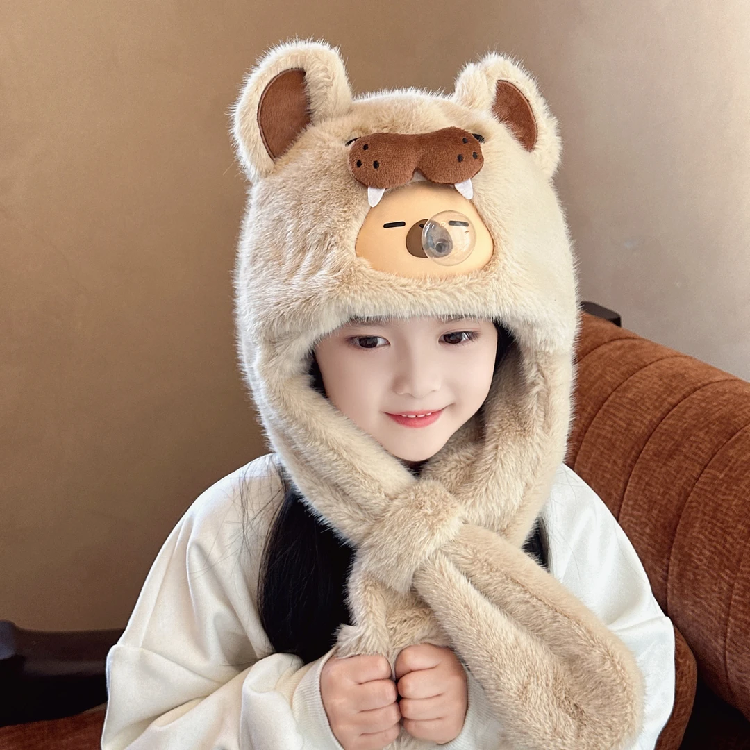 可爱儿童卡皮巴拉毛绒帽子围巾一体男女童冬季加厚保暖护耳雷锋帽