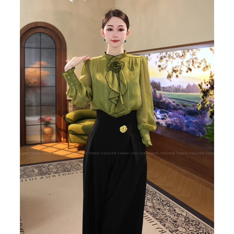 唐熹2025春秋新款【ZM-C778】绿野仙踪花朵显白木耳边长袖衬衫上衣