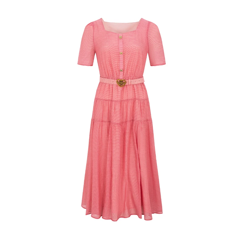 【媛媛女王专属】商场同款新品方领小细格桑蚕丝连衣裙N194A32820