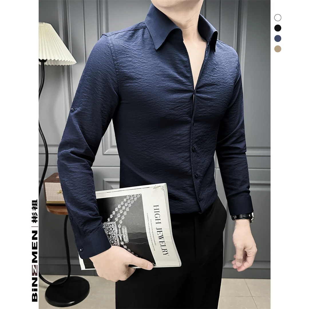 文艺设计感衬衫男款爆款2025新款可折叠袖子褶皱英伦雅痞风格男装