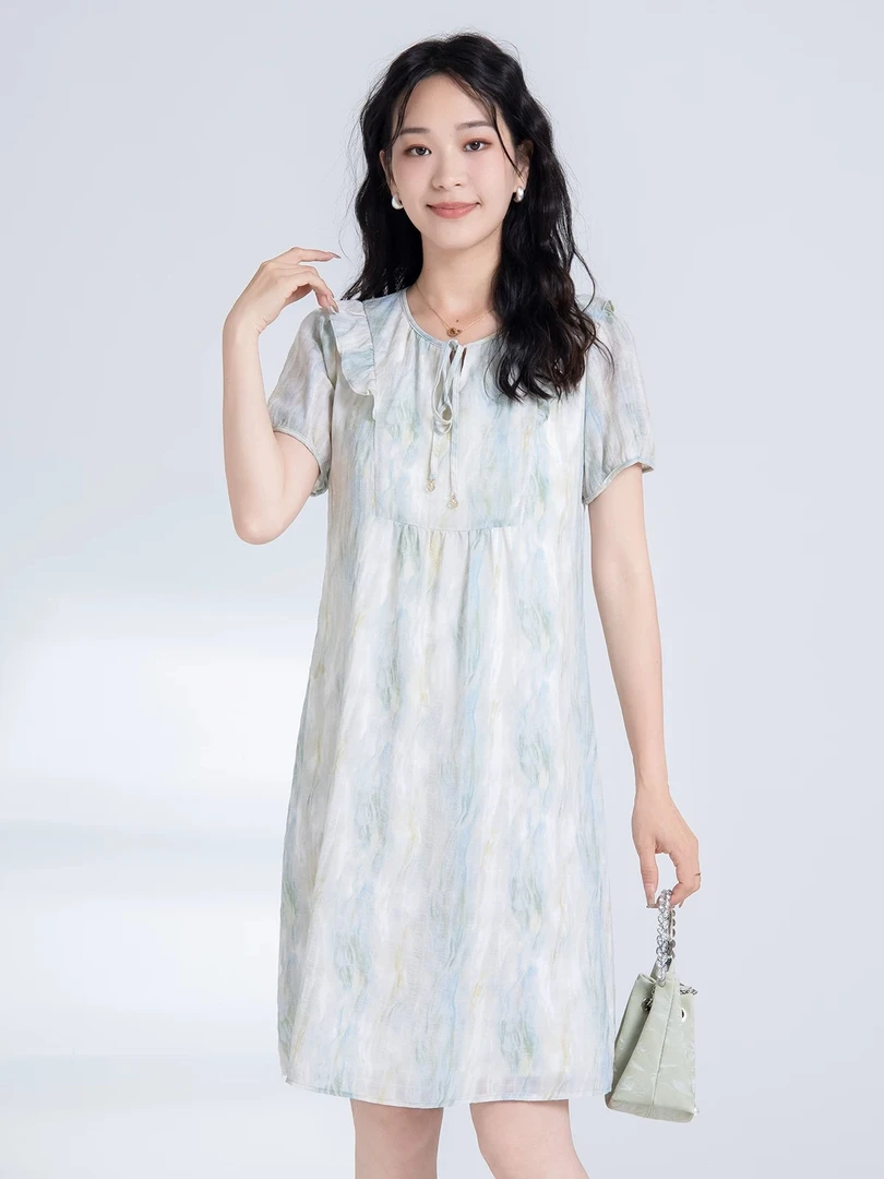L8278时尚印花V领连衣裙2025夏装新款高端气质优雅减龄女神裙