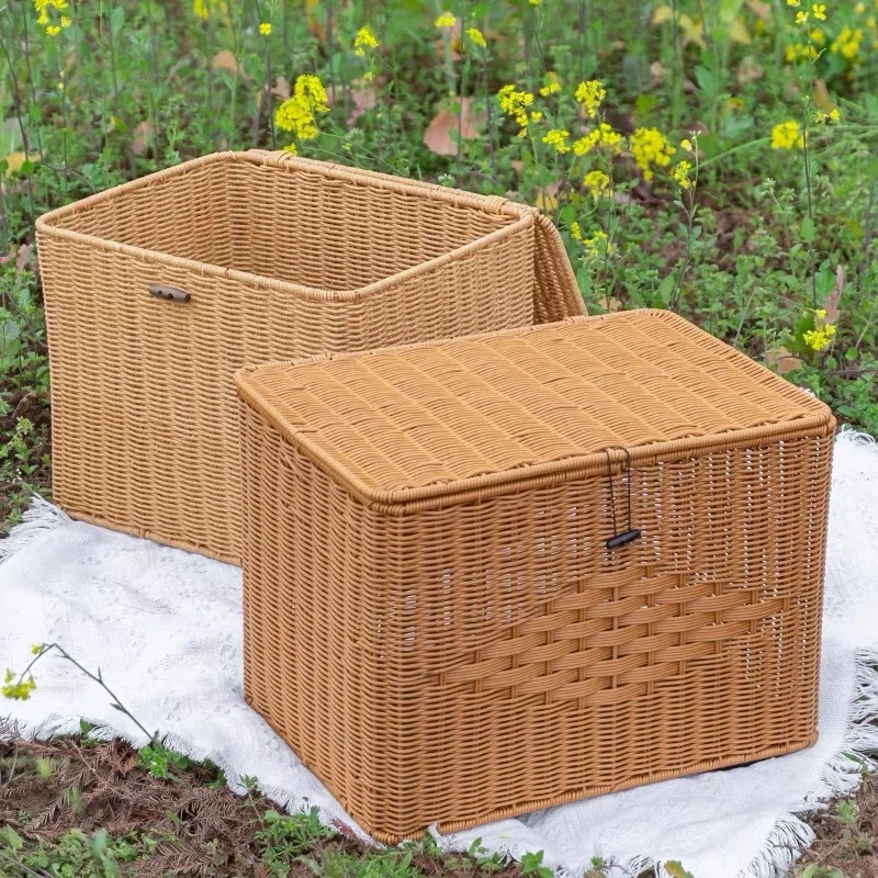 DL06 棕色方形双把手带盖仿藤条加固加大手工编织收纳筐 40*30*30