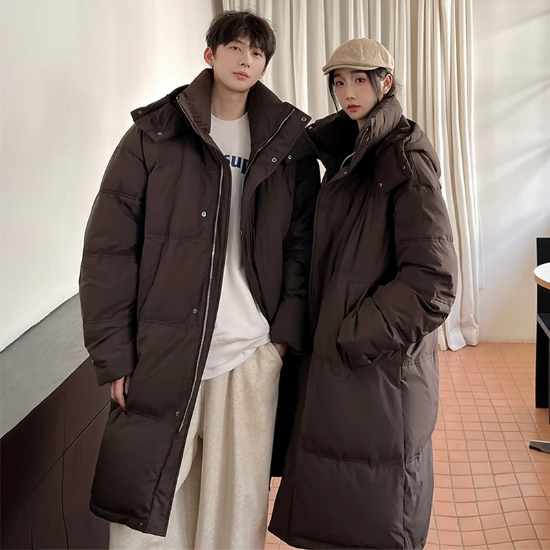 冬季羽绒服男女情侣中长款防寒服保暖加厚港风宽松白鸭绒大衣外套