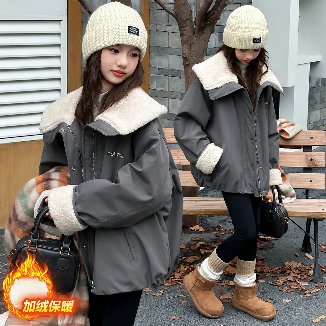 女童加绒外套冬装2025新款儿童洋气时髦派克服中大童加厚保暖上衣