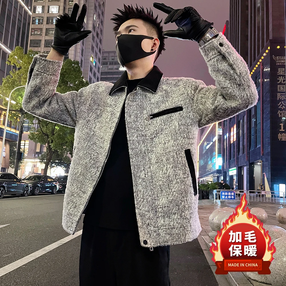 小香风外套男款秋冬季拉链装饰痞帅高级感拼接皮翻领毛呢夹克外套