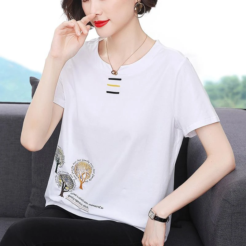 FAVMARTHA妈妈夏装2025新款纯棉短袖t恤女中老年时尚洋气小衫宽松