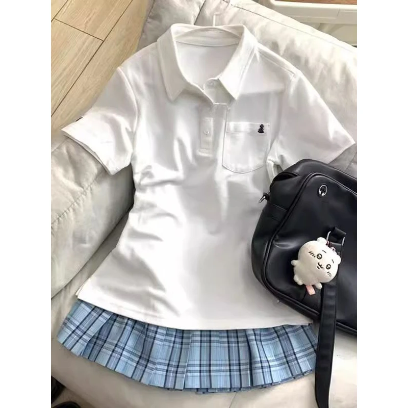 新款爆款POLO衫夏季学院风白色收腰短袖运动款上衣翻领休闲纯色