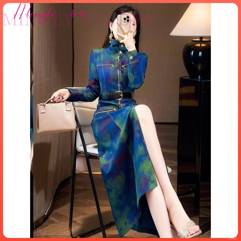 时尚休闲2025年春秋高端质感工作服风收腰开叉立领花色牛仔洋装