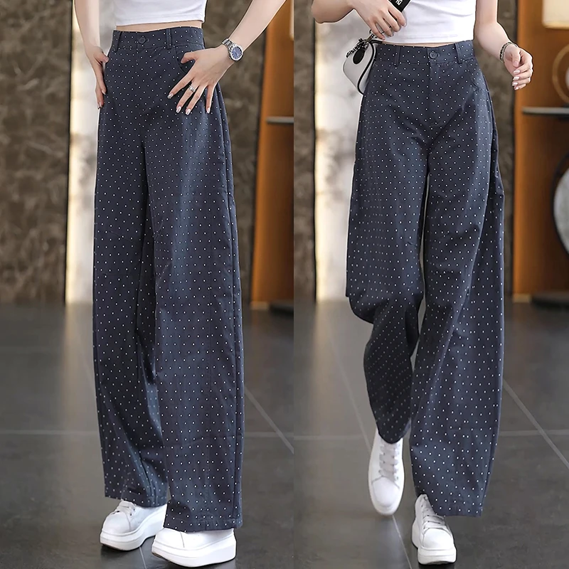 深蓝色洗水棉波点阔腿裤女夏季新款高腰垂感宽松九分休闲直筒西裤