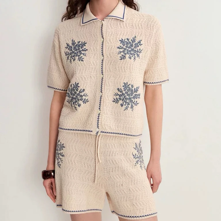 亚麻绞花针织套装 十字绣松紧款轻奢时尚休闲女士夏季0033