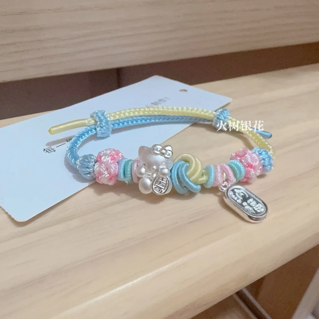 足银手链  足银999纯银纳福招财猫kitty手链可爱编绳少女心甜美