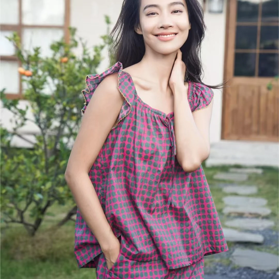 韩绿夏季纯棉无袖短裤透气柔软亲肤家居服