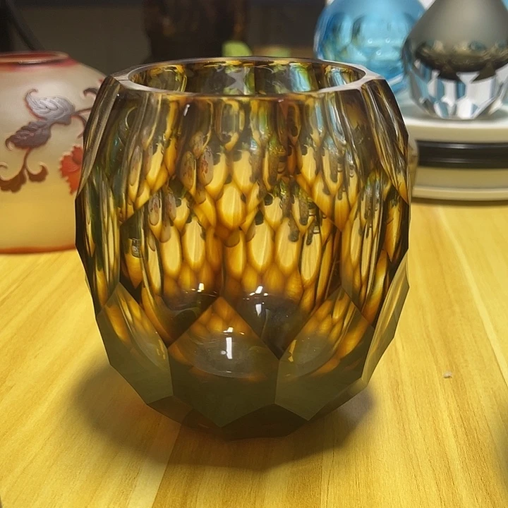 手工艺品琉璃咖色切割面花瓶花器高15口9