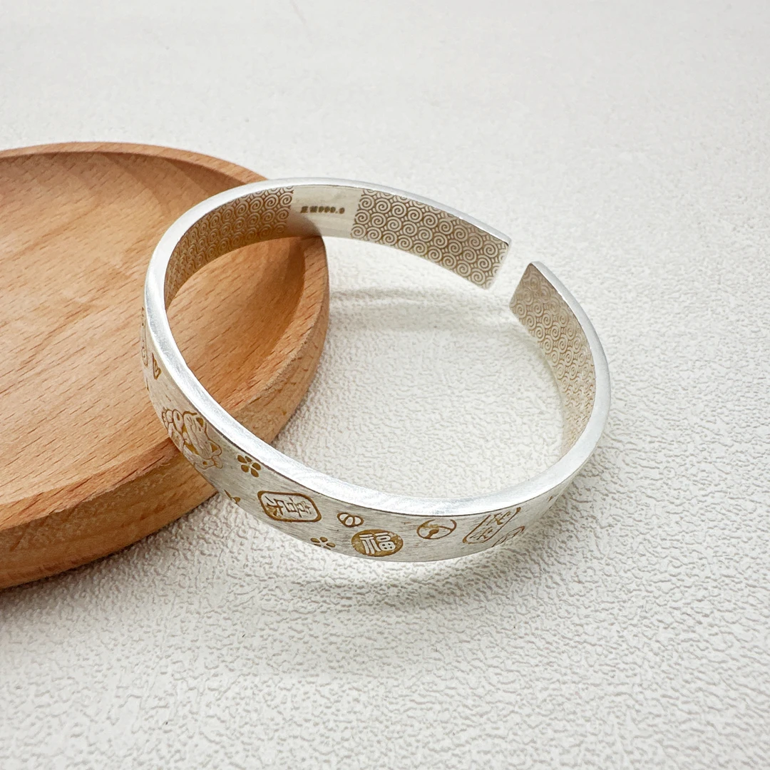 足银手镯 足银999.9手镯开口 5号描金招财猫