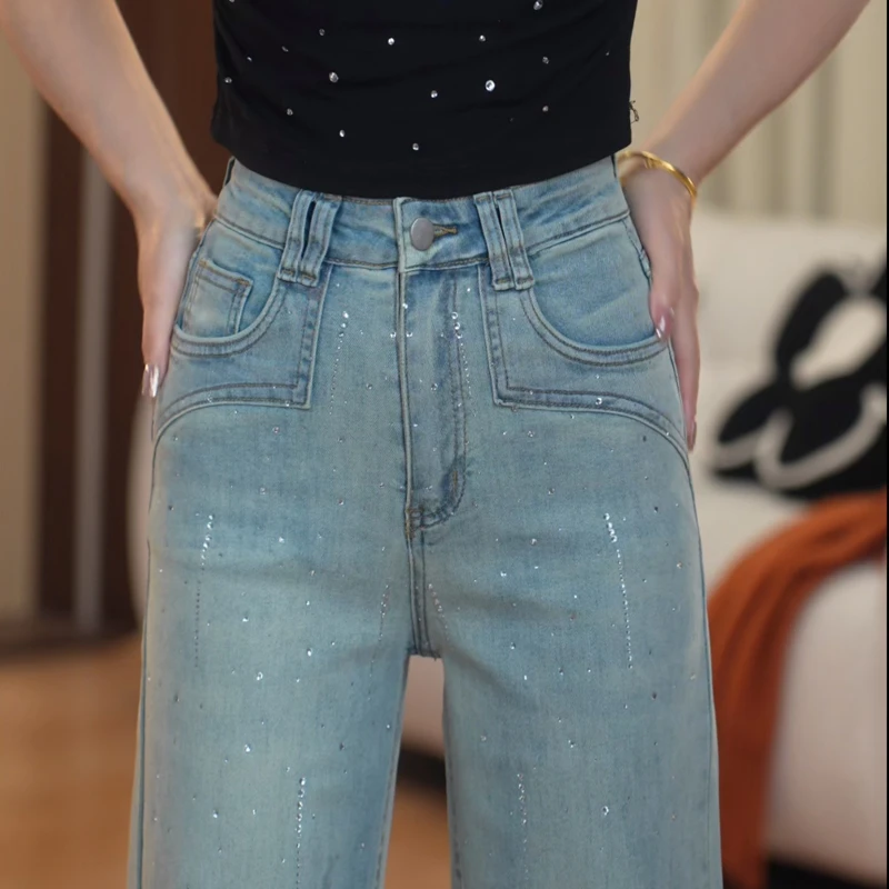 XT7842烫钻高腰牛仔裤女2025年春夏季新款显瘦阔腿喇叭裤