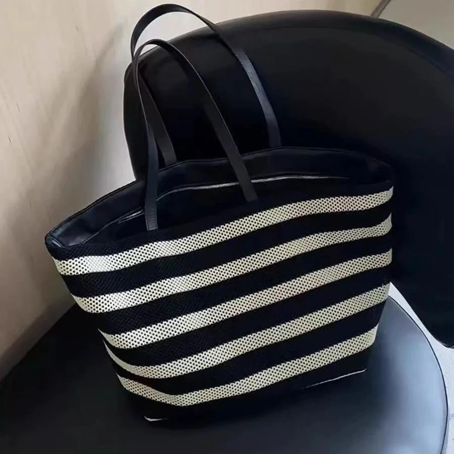 高级感黑白条纹托特包编织大容量单肩女包懒惰风轻便度假包购物袋