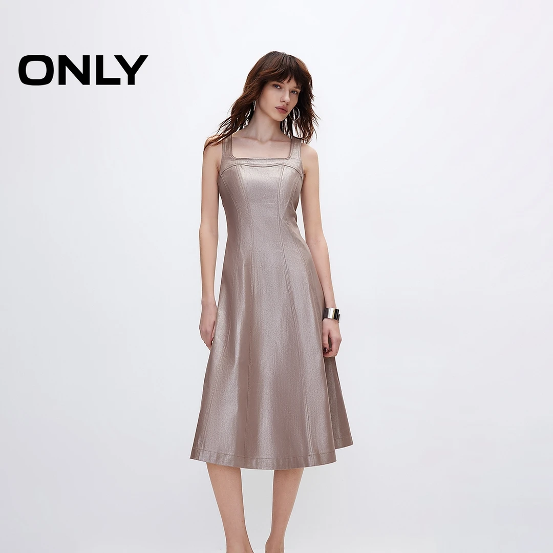 ONLY2025春季新款优雅法式方领中长裙牛仔吊带连衣裙女|125142004