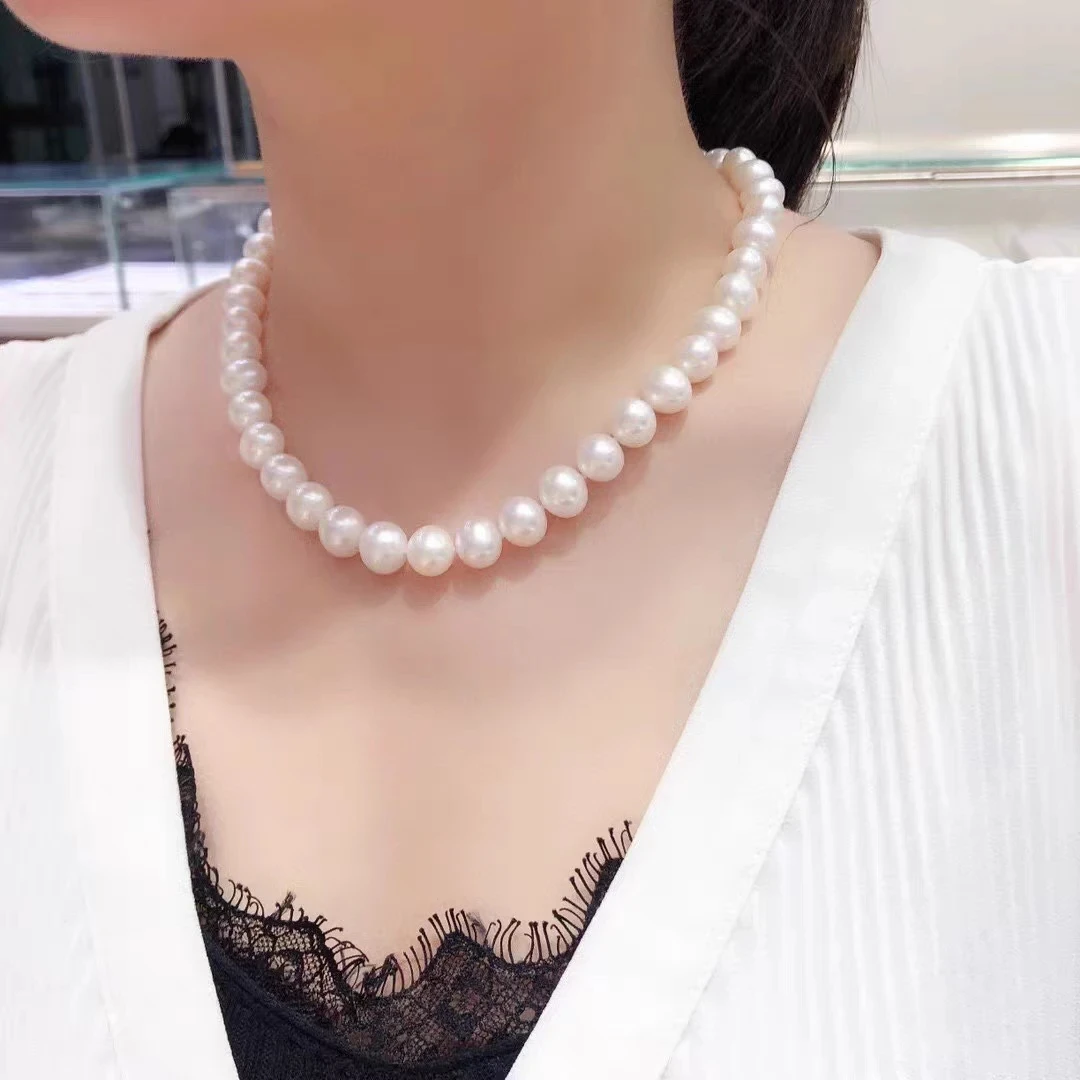 s925银扣天然淡水无核珍珠项链10-11大柱子全珠链