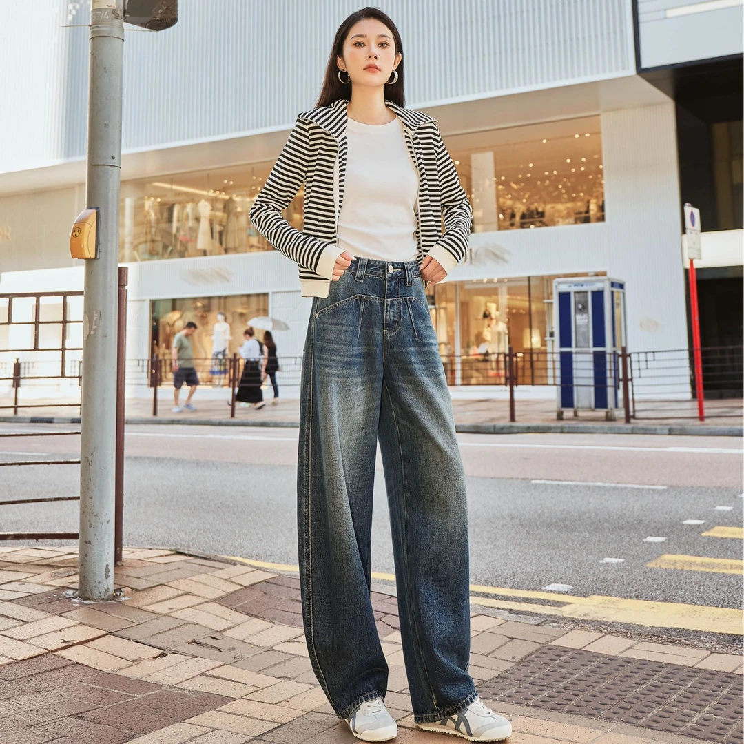 【雾霾蓝】秋季新款美式复古高腰宽松显瘦女弯刀牛仔裤Z0053