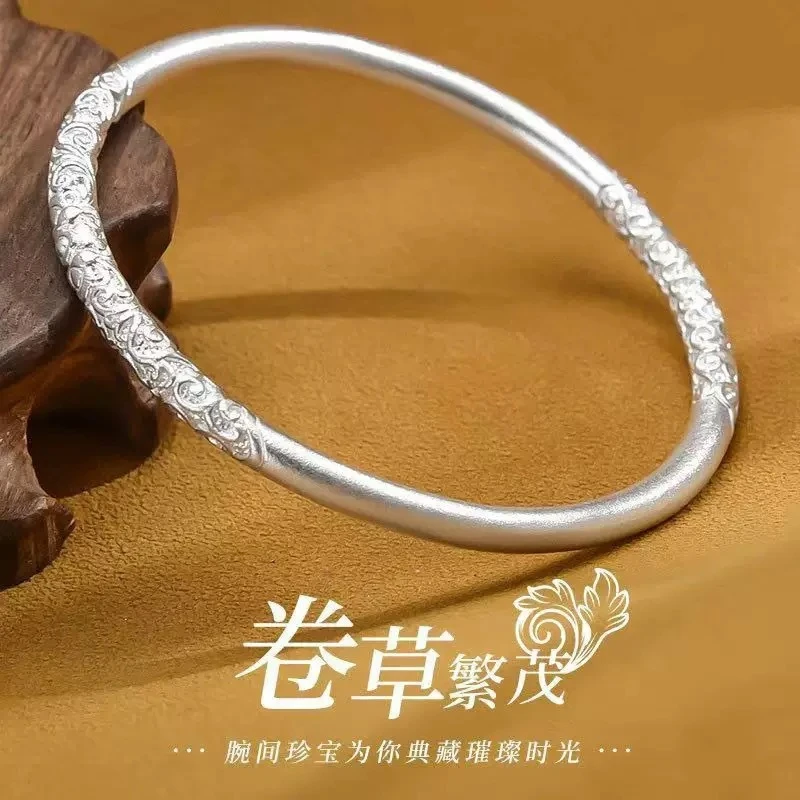 足银手镯 新款精工足银卷草纹紫荆花手镯女小众古法磨砂时尚镯子