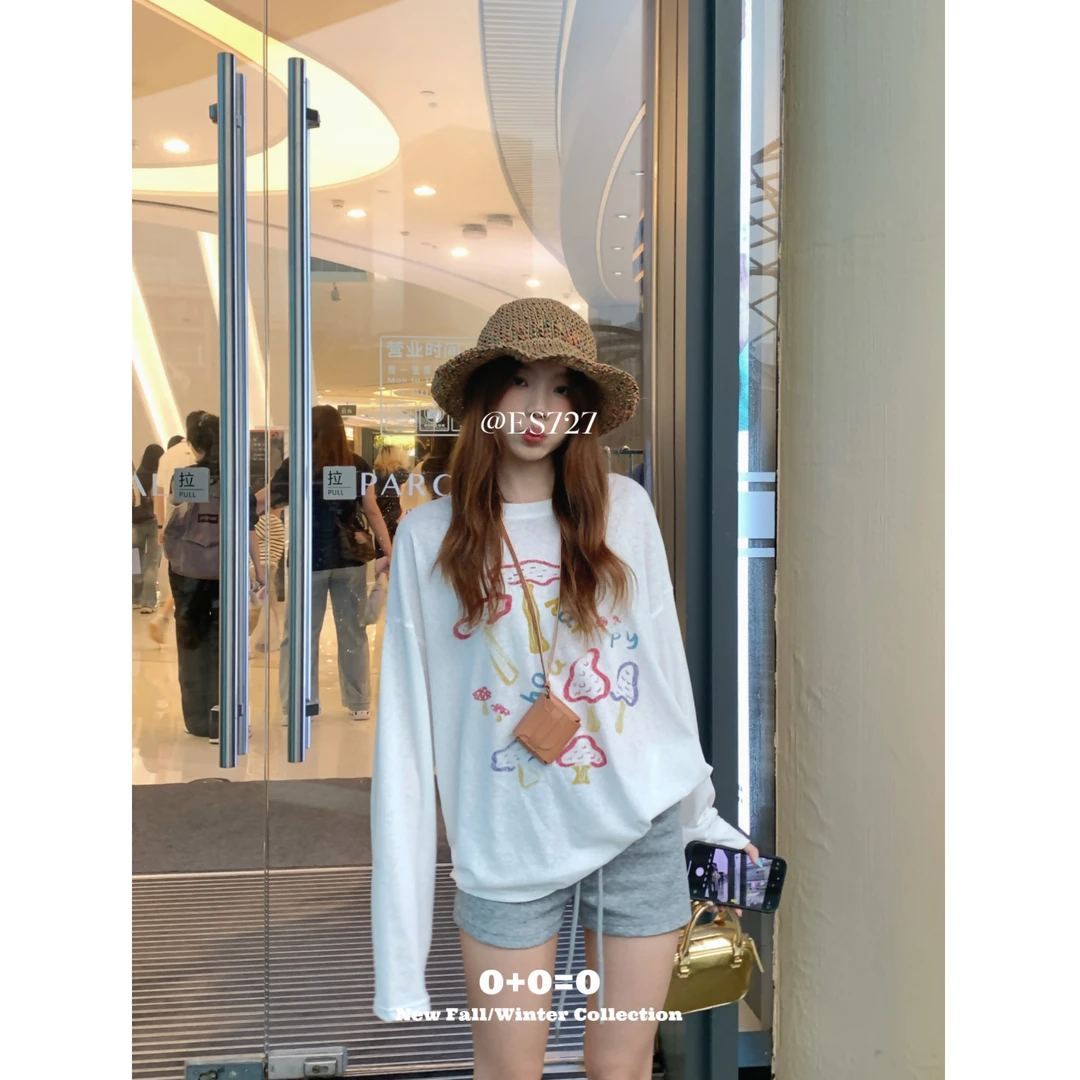 0+0=0【奥兰多童话】蘑菇白色微透长袖t恤夏季防晒罩衫上衣-2545#