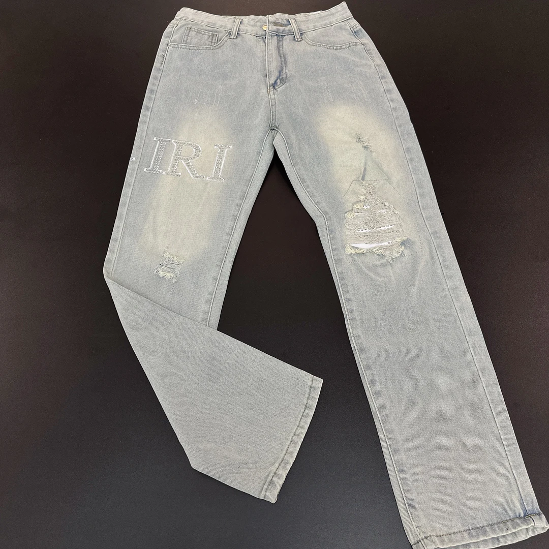 2025夏季新款工厂直销重工烫钻水洗蓝色高弹力小pansk冰蓝牛仔裤