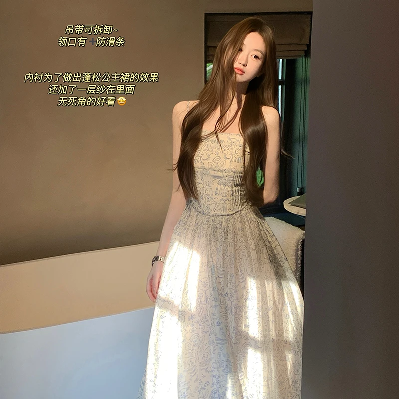 肉完 古早美女小说女主裙/青花瓷碎花涂鸦蓬松浪漫生日公主连衣裙