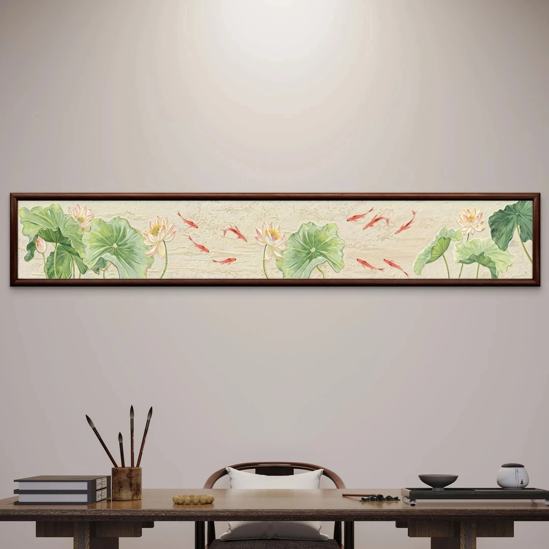 095-40*240荷满鱼润图中式装饰画实木玄关书房茶室客厅挂画
