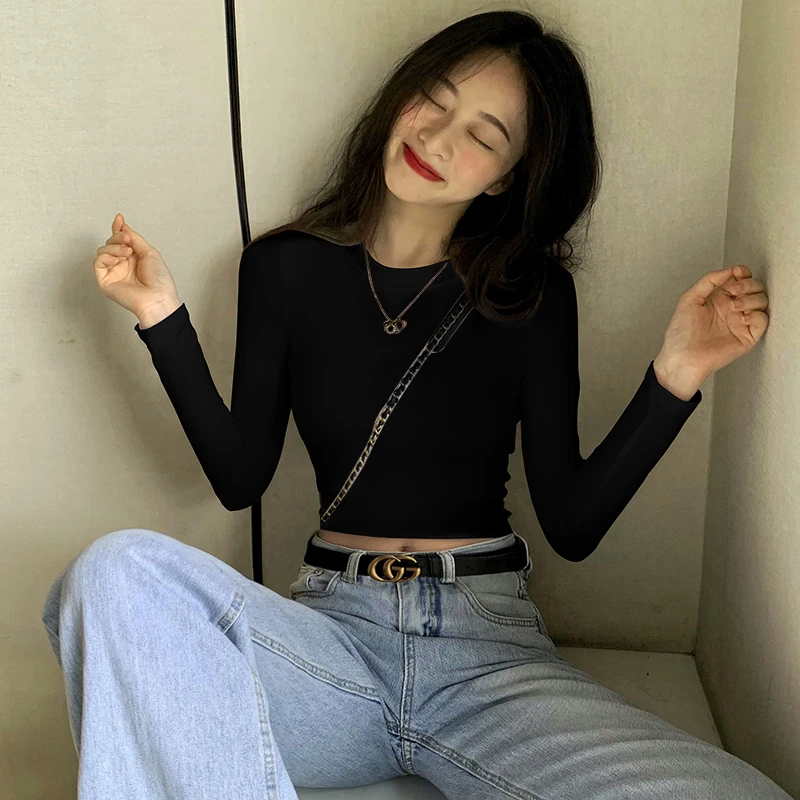 黑色短款打底衫女春秋内搭纯棉修身显瘦长袖t恤高腰上衣2025新款