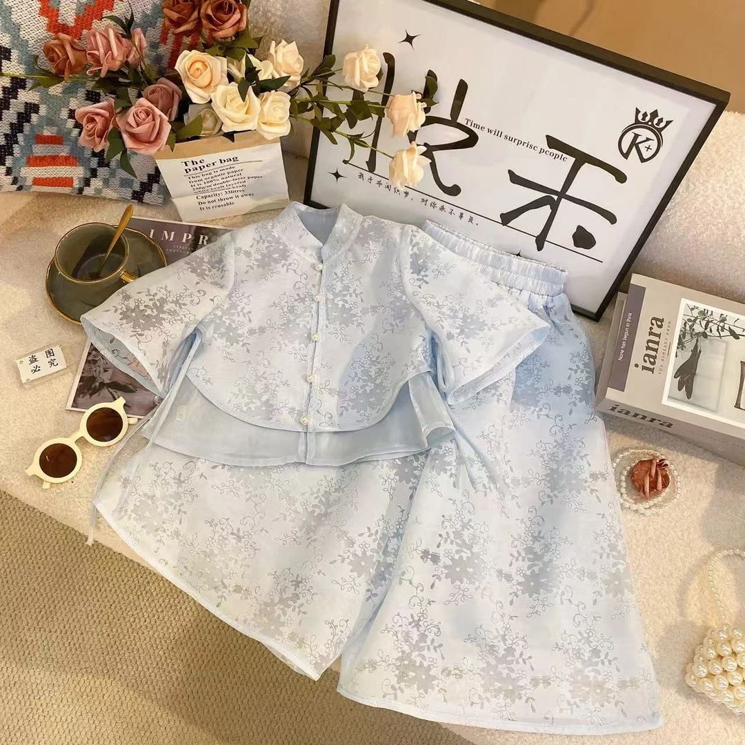 YH【悦禾】2025新款女童新中式国风蓝色绣气质款套装8920