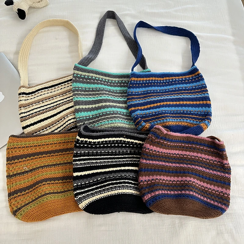 韩版条纹毛线包托特包女文艺复古单肩包秋冬百搭休闲针织包手拎包
