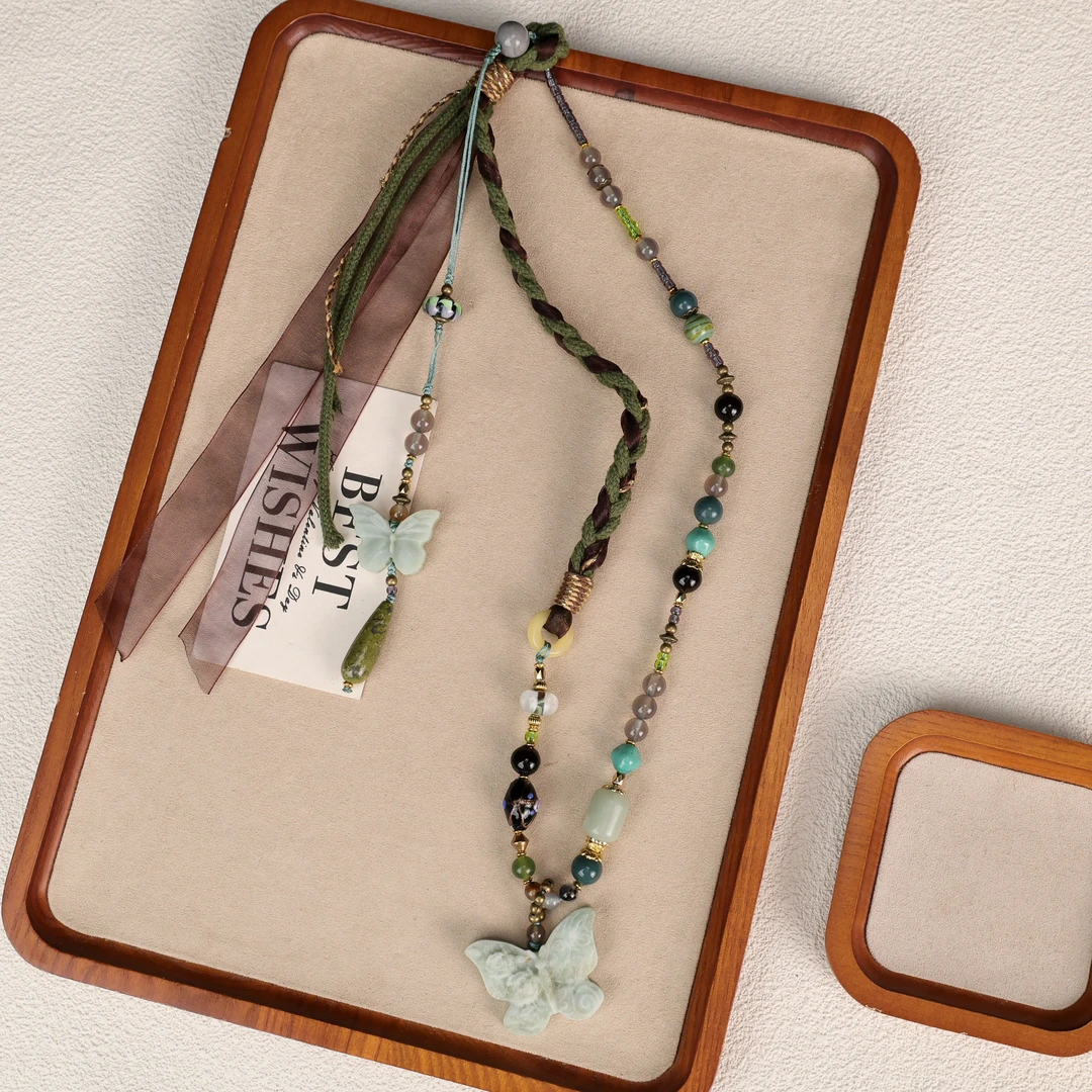 LZ4619天然岫玉玛瑙蝴蝶吊坠绳编项链