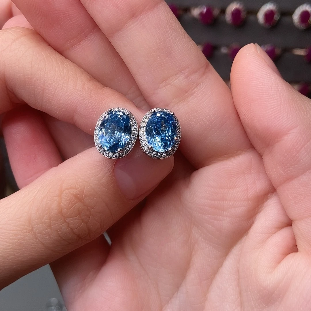 海蓝宝石耳饰银S925镶嵌