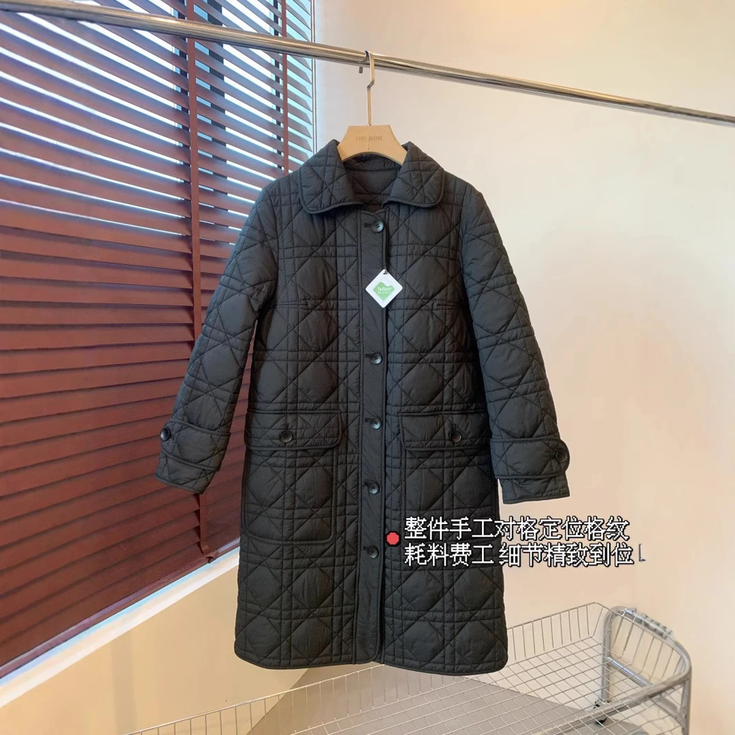 海翔家牛货手工定位对格直筒显瘦菱格绗线中长款棉服夹棉外套女冬