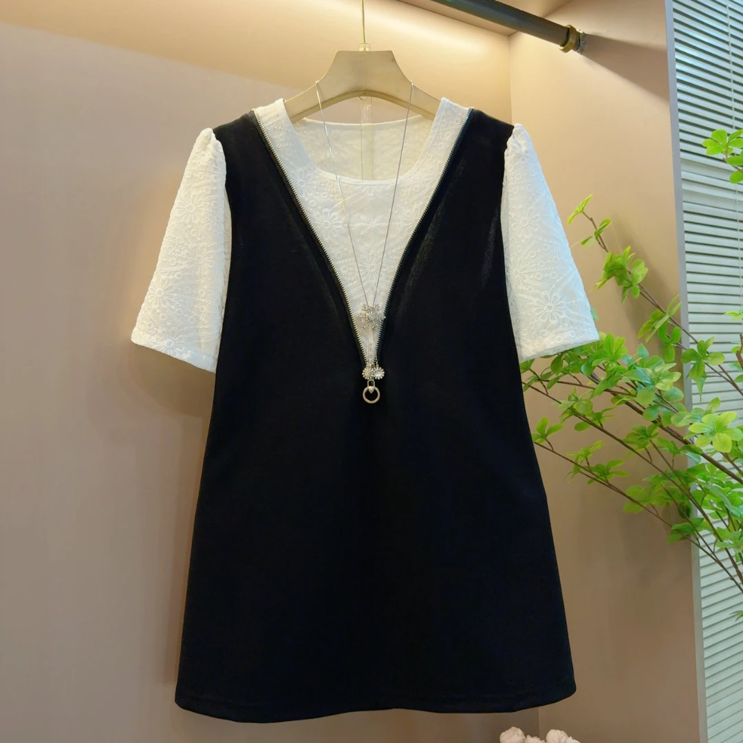 法式夏季时尚气质百搭显瘦蕾丝拼接假两件短袖圆领大衫（长70左右