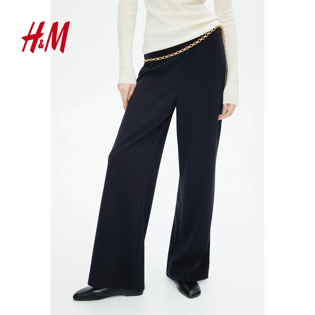 HM女装2025春新款春游出行时尚高腰直筒宽松百搭汗布长裤1195434