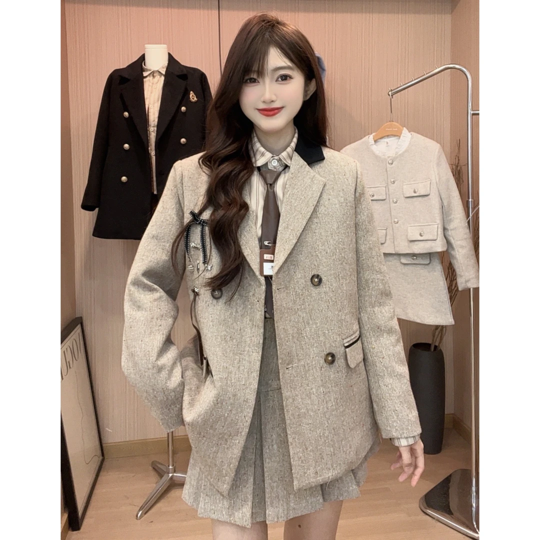 2025新款名媛蝴蝶结撞色领毛呢西装女冬季韩系高级感套装-7024