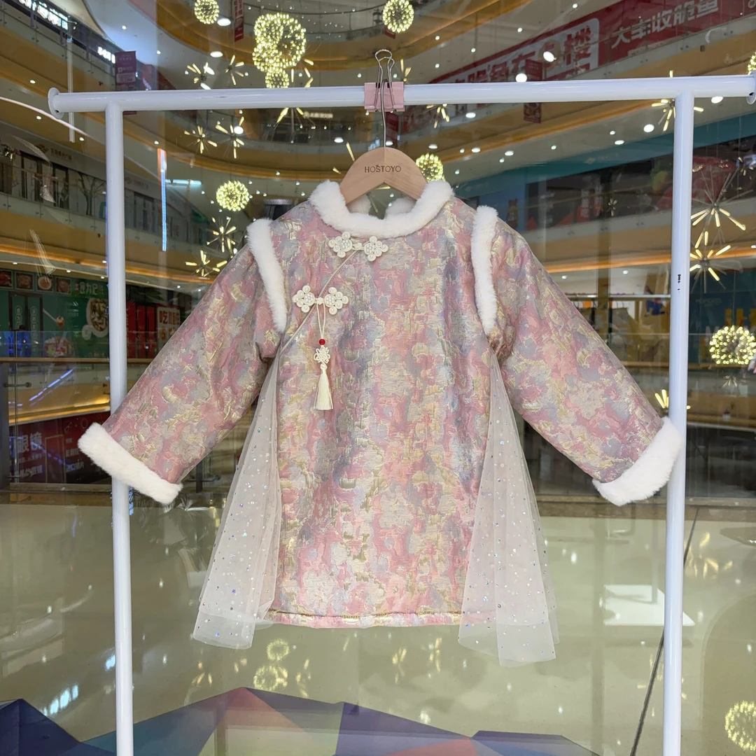 2024冬季女童加绒时尚新中式拼纱提花旗袍15880471004