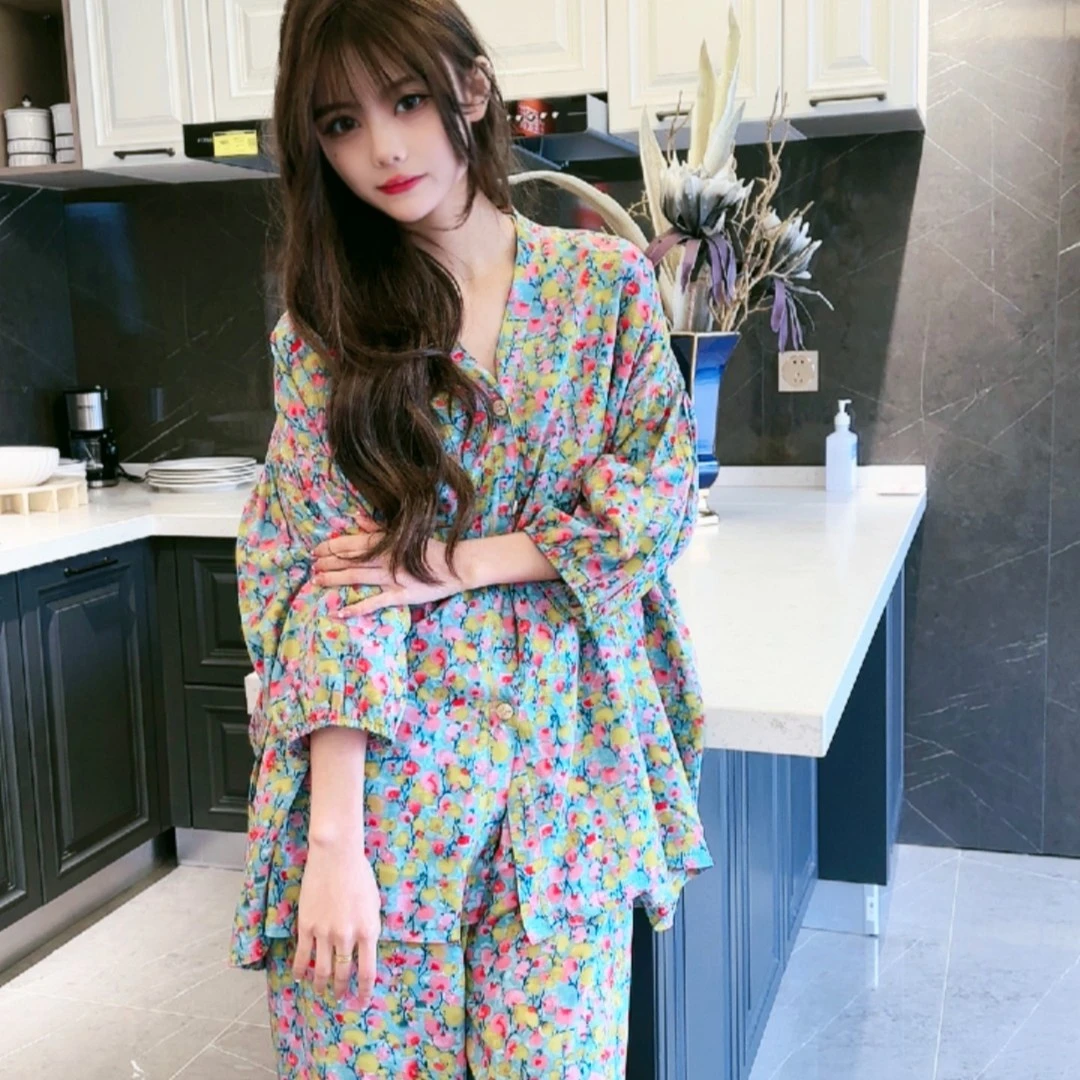 2025年棉绸新款夏季百搭开衫灯笼袖套装时尚潮流薄款时尚家居服