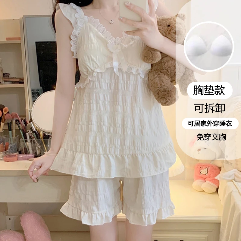 带胸垫套装夏季女士吊带短裤新款夏天甜美公主风睡衣薄款3036