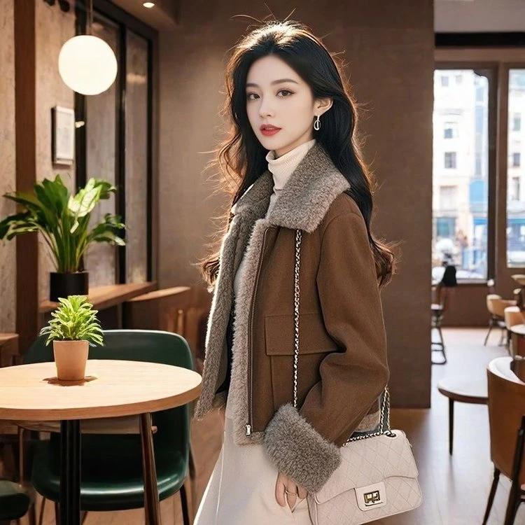 加绒皮毛一体短款时尚洋气百搭宽松上衣小个子羊羔绒外套新款加厚