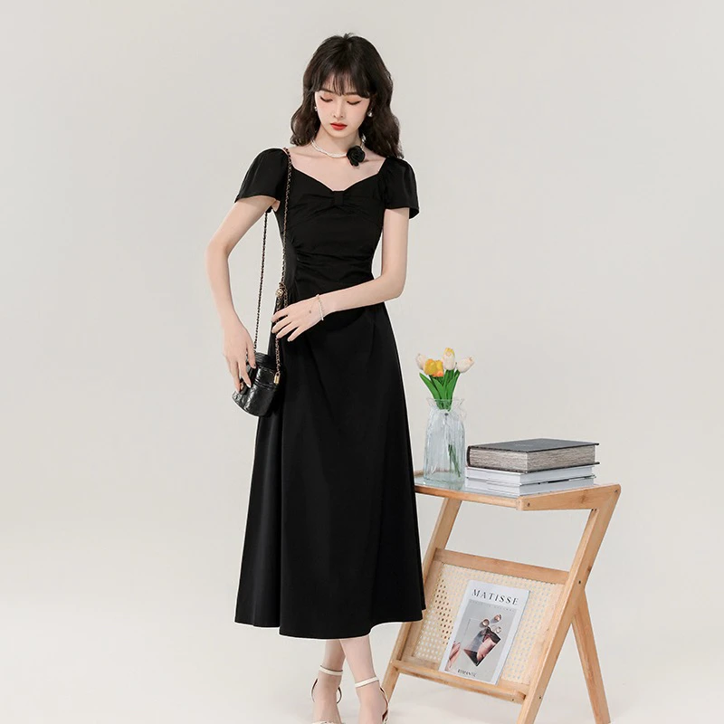 Mpr2025夏季新款韩版甜美减龄V领蝴蝶结弹力收腰显瘦长款连衣裙