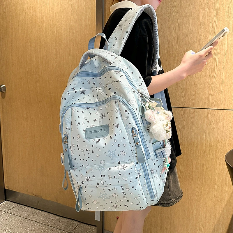 大容量星星双肩包背包高中生书包学生专用初中生女高颜值蓝色系