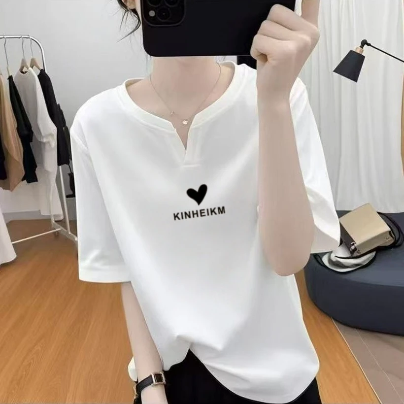 纯棉百搭显瘦V领T恤短袖韩版设计感不起球夏季短袖t恤宽松休闲